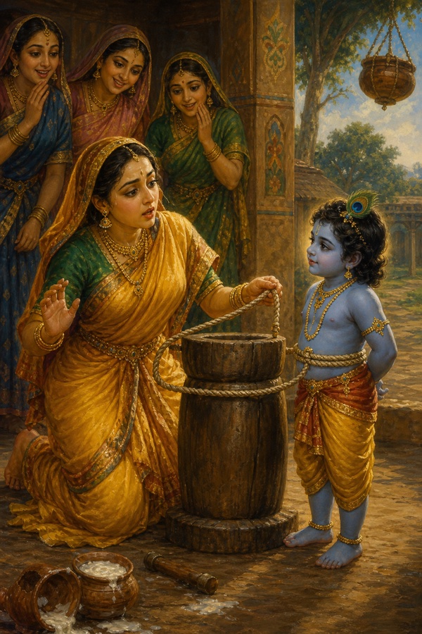 Rich painterly classical-Indian color scene: mother Yashoda kneeling beside the wooden mortar, a rope wound around little Krishna's belly, her hand frozen in astonishment, a line of sweat on her brow, the joined rope falling two fingers short; the calm dark-blue child watches; a few smiling gopis stand nearby in wonder.