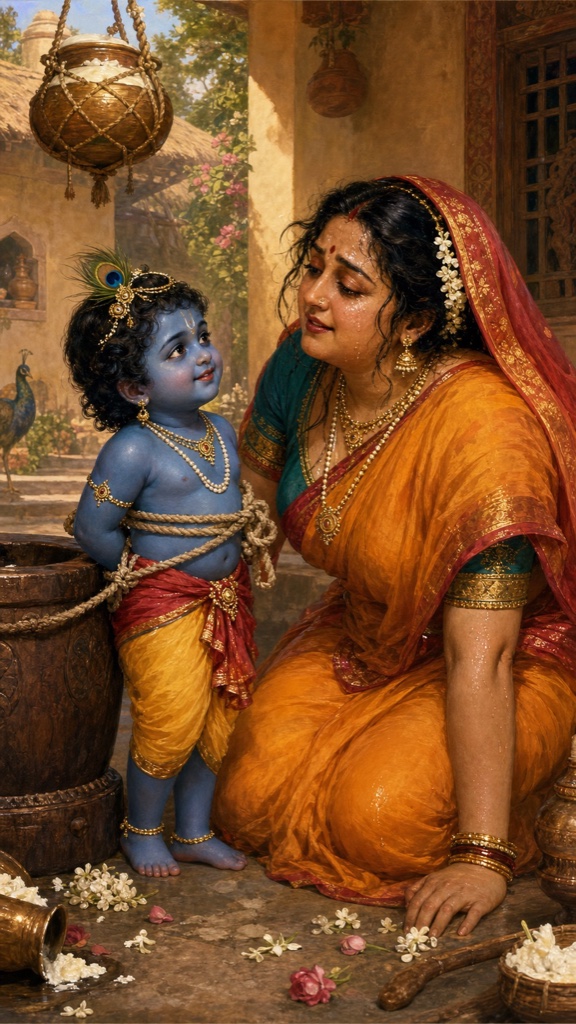 Rich painterly classical-Indian color scene: the dark-blue child Krishna gazes tenderly and smiles at his exhausted, sweat-drenched mother Yashoda, her hair loosened with flowers fallen from her braid, willingly letting himself be tied by his belly to the wooden mortar with the rope now reaching fully around, becoming Damodara; soft devotional light in a Braj courtyard.