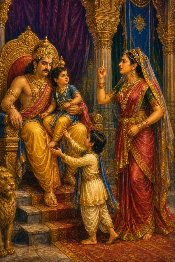 Rich painterly classical-Indian color illustration of a royal court: King Uttanapada seated on his throne with his son Uttama on his lap, while five-year-old Dhruva reaches up hoping to climb into his father's lap; proud Queen Suruchi stands beside the throne speaking sharp jealous words, finger raised; ornate palace pillars, jewel tones, gold and crimson.