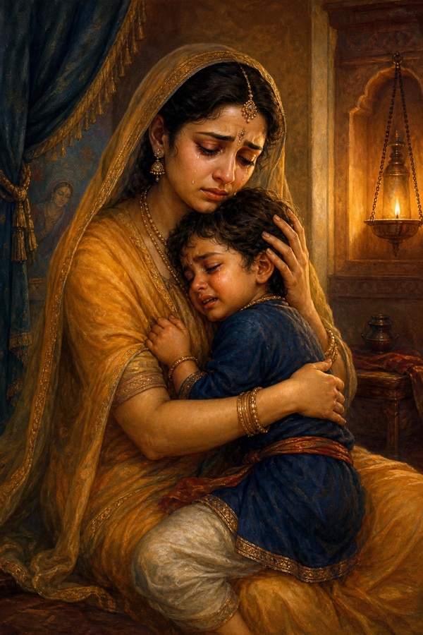 Tender painterly classical-Indian color illustration inside a humble chamber: Queen Suniti, Dhruva's mother, withered with grief like a creeper scorched by a forest fire, lotus-like eyes brimming with tears, gently holding her weeping little son Dhruva to her breast; soft lamplight, muted ochre and indigo, sorrowful tenderness.