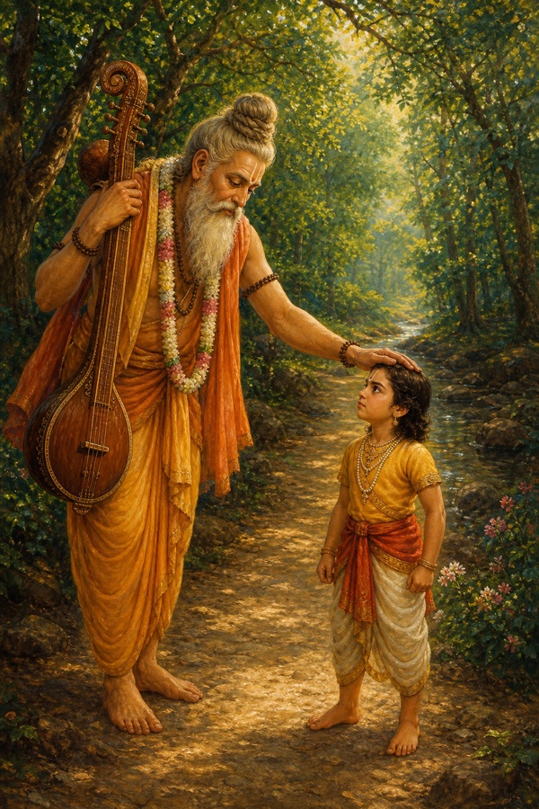 Painterly classical-Indian color illustration on a forest path: the sage Narada, white-bearded with veena and matted locks, gently placing his lotus-like hand on the head of small boy Dhruva to bless and dissuade him; the determined five-year-old standing firm; greens and earth tones, dappled woodland light, devotional mood.