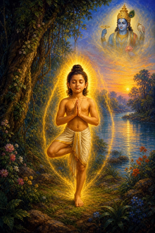 Painterly classical-Indian color illustration of austere penance in Madhuvana on the bank of the Yamuna: boy Dhruva standing motionless on a single leg like a pillar, breath stilled, eyes closed in deep meditation; lean from months of fasting; river and forest behind, dawn light, glow of inner fire, deep blues and forest greens.
