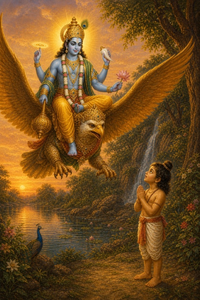 Radiant painterly classical-Indian color illustration: four-armed Lord Vishnu, dark-blue complexion bearing conch, discus, mace and lotus, descending mounted on the great eagle Garuda with outspread golden wings; below stands the small boy Dhruva looking up in awe; luminous sky, divine radiance, blues, gold and emerald.
