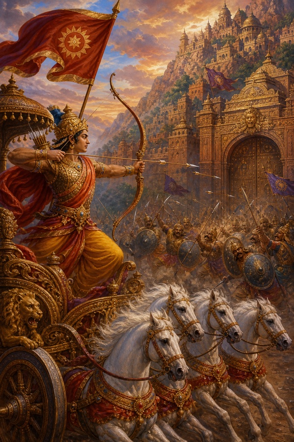 Dynamic painterly classical-Indian color illustration of battle: the now-grown King Dhruva, crowned and armored, riding a victory chariot and loosing arrows from his bow at the gates of the Yaksha city Alakapuri; ranks of Yakshas falling around him; banners, dust, clashing weapons, dramatic crimson and bronze tones.