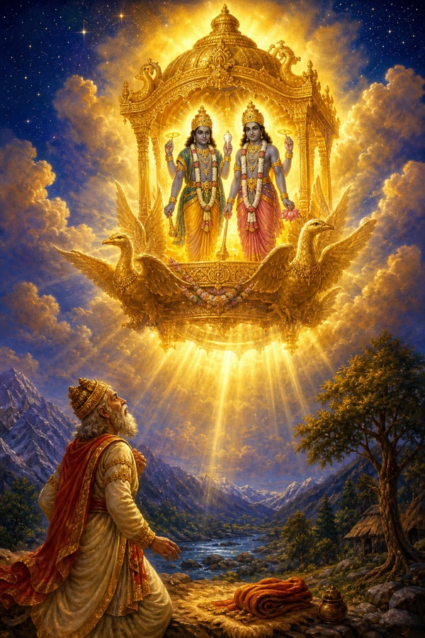Luminous painterly classical-Indian color illustration: a celestial radiant vimana descending from the sky lighting all directions, bearing Vishnu's two youthful four-armed dark-complexioned attendants Sunanda and Nanda; the aged King Dhruva at Badarikashrama gazing up, ready to ascend; starry heavens above, golden divine light, blues and gold.