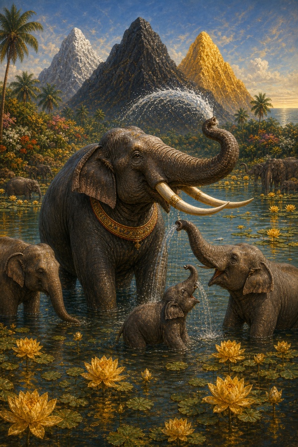 A rich painterly classical-Indian color illustration: the mighty elephant-king Gajendra, a huge bull elephant with long tusks, stands chest-deep in a crystal-clear lake on Mount Trikuta, joyfully bathing his herd of she-elephants and calves, spraying water over them with his trunk and pouring water into their mouths; the lake brims with golden lotuses, lush flowering Rituman garden and a triple-peaked silver-iron-gold mountain behind, milk-white ocean on the horizon, bright summer sun, festive and serene mood.