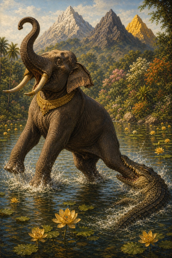A dramatic painterly classical-Indian color illustration: a powerful old crocodile (graha) lunges from beneath the clear lotus-lake water and clamps its jaws around the hind leg of the great elephant Gajendra; the elephant rears in shock, trunk lifted, eyes wide; golden lotuses scatter on rippling water, the Rituman garden and triple-peaked Trikuta mountain in the background, tense and ominous mood with sun overhead.