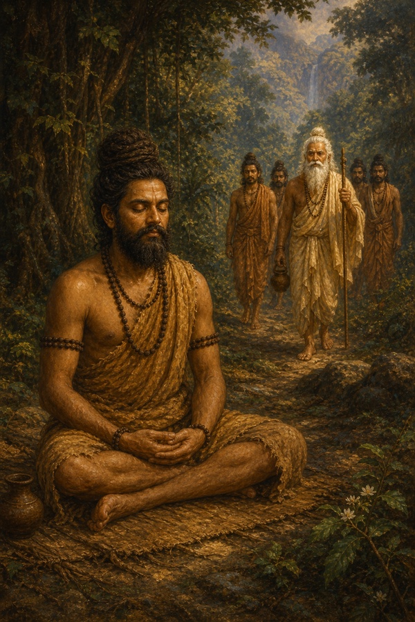 A reverent painterly classical-Indian color illustration of a past-life memory: King Indradyumna, the Pandya-dynasty Dravidian monarch turned ascetic, sits in deep silent meditation with matted hair (jata) and an ascetic's bark garment on the forested Malaya mountain; sage Agastya arrives with his band of disciples in the background, unnoticed by the absorbed king; soft forest greens, devotional golden light, contemplative mood.