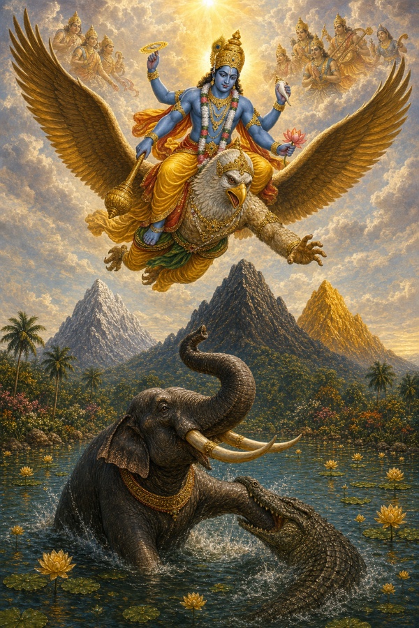 A majestic painterly classical-Indian color illustration: four-armed blue-complexioned Lord Vishnu, in yellow silk, holding the Sudarshana chakra, rides swiftly through the sky on the great Vedic eagle Garuda, rushing toward the lake to rescue his devotee; celestial gods follow behind singing his praises, clouds and golden radiance around them, urgent compassionate mood.