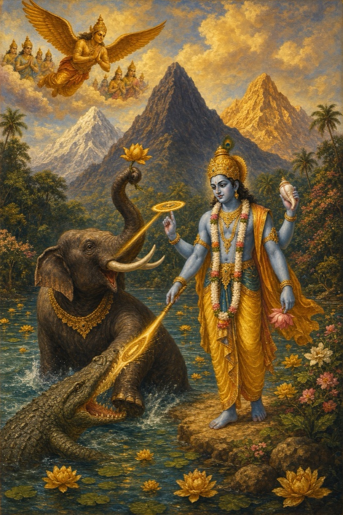 A climactic painterly classical-Indian color illustration: four-armed Lord Vishnu, having leapt from Garuda, drags both the exhausted elephant Gajendra and the clinging crocodile out of the lake onto the shore, then with his glowing Sudarshana chakra severs the crocodile's jaws; the weary elephant lifts his trunk holding a single lotus offering, watching gods looking on from above, lake and triple-peaked Trikuta behind, radiant mood of deliverance.