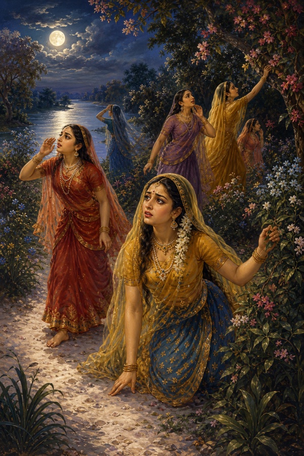 Painterly classical-Indian color scene of moonlit Vrindavan by the Yamuna at night: the gopis, having just lost sight of Krishna, rise one by one and scatter to search through flowering groves (kunjas), gardens and the bends of the river, their feet sinking into pale silver sand, faces anxious and longing under bright full moonlight; Krishna himself absent from the scene.