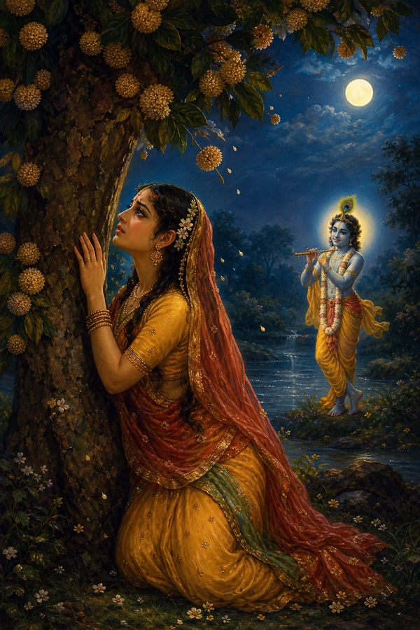 Painterly classical-Indian color scene of a single gopi pausing beside a tall flowering kadamba tree at night, one hand pressed tenderly to its bark as if listening for a heartbeat, gazing up and pleading with the tree to tell her where her dark-hued beloved (Krishna, peacock-feather in his hair, flute in hand) has gone; soft moonlight, falling kadamba blossoms perfuming the air.