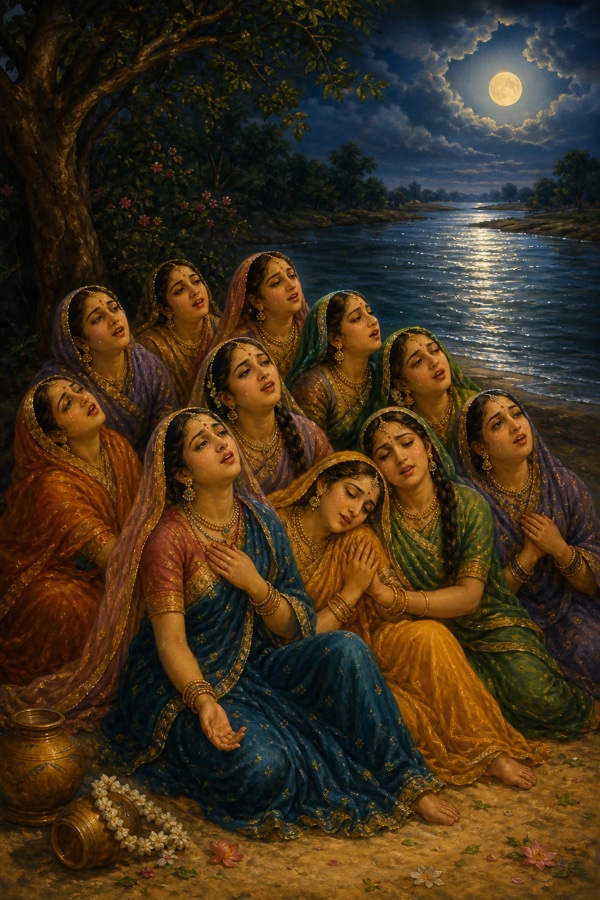 Painterly classical-Indian color scene of the gathered gopis drawn together on the sandy bank of the Yamuna, seated on the sand and leaning shoulder to shoulder against one another, singing in unison without any single leader, their faces tear-streaked and uplifted in longing; moonlight on the rippling river behind them, no Krishna present.
