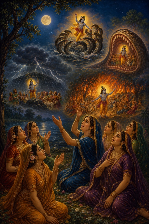 Painterly classical-Indian color scene: the singing gopis remembering Krishna's past rescues, shown as glowing memory-visions around them, the poison-blackened Yamuna pool of the serpent Kaliya, the python-mouthed demon Aghasura, Indra's torrential storm with lightning, and a forest wildfire, all from which Krishna saved them; the gopis in the foreground on the riverbank, throats choked with emotion, hands raised in plea, under the night moon.