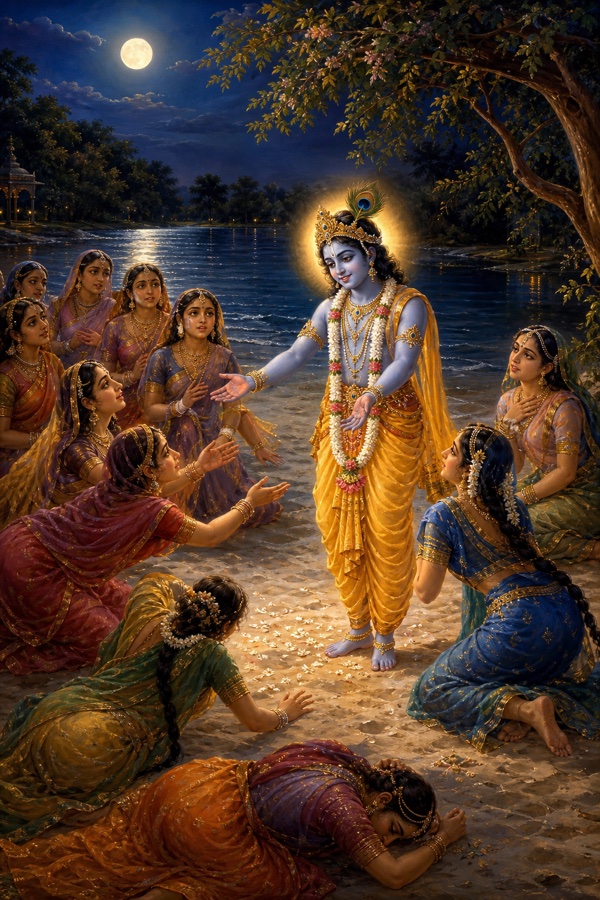 Painterly classical-Indian color scene of Krishna reappearing before the gopis on the moonlit Yamuna sand: the dark-blue youthful Krishna in yellow garment (pitambara), peacock-feather crown, hands outstretched toward them, the very smile their nineteen verses had been calling for upon his face; the swooning gopis fallen and rising on the silver sand around him, the river flowing softly behind.