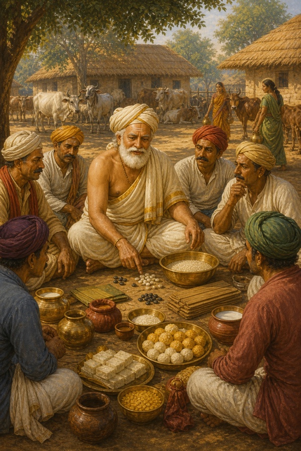 A rich painterly classical Indian color scene in a Vrindavan courtyard: elderly Nanda Baba, fair and white-bearded in cream dhoti and turban, seated among gathered village elders doing the accounts for the yearly Indra-yajna, jars of rice, milk and sweets being tallied, warm earthen tones, cattle and huts behind.