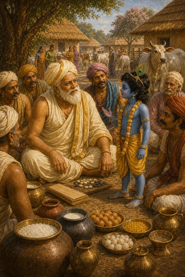 A vivid classical Indian color illustration of seven-year-old dark-blue Krishna (Kanha), a peacock feather in his hair, mischievous eyes, bare feet still muddy from the morning, walking up to white-bearded Nanda Baba and the seated elders, questioning them; soft golden Vrindavan morning light, cows nearby.