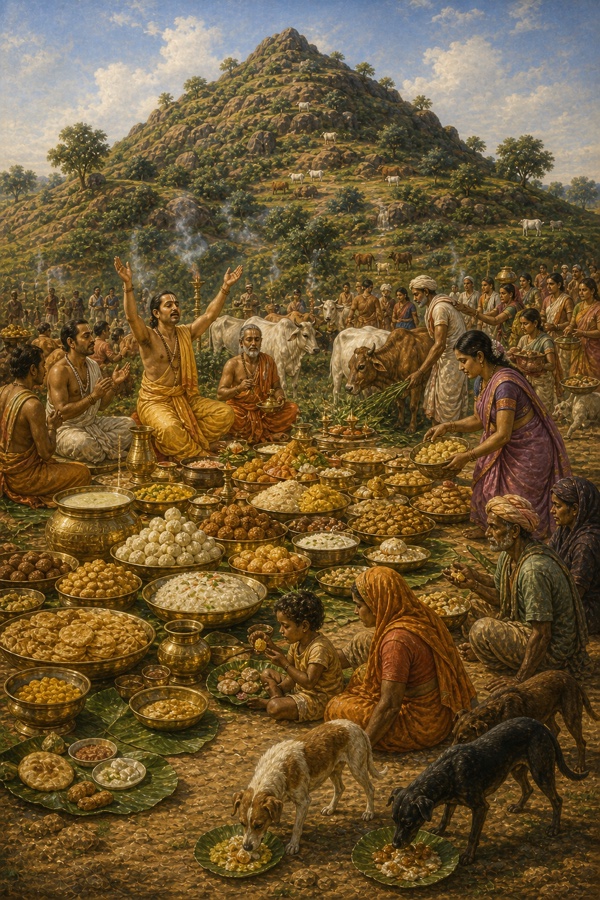 A grand painterly classical Indian color scene on an open slope of Govardhan hill: heaps of offerings, kheer, halwa, puas, puris and mung dal, laid out as bhog to the mountain Giriraj; Brahmins chanting blessings, cows being fed fresh green grass, even dogs and outcastes given food, incense smoke drifting, cow-bells ringing.