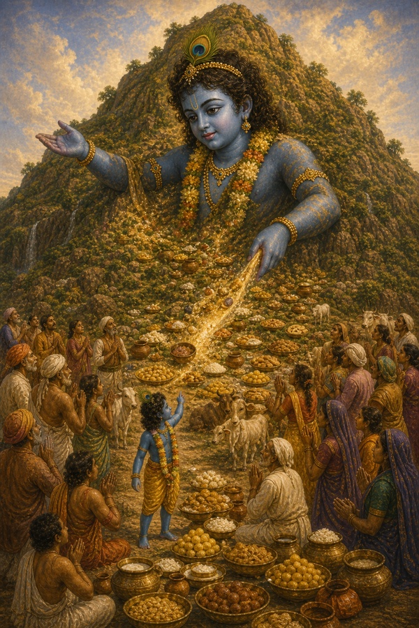 A luminous classical Indian color illustration: dark-blue Krishna manifests a colossal mountain-sized second form rising upon Govardhan hill, declaring 'I am the mountain, I am Giriraj', consuming the vast heaps of offerings in an instant; below, little Krishna and the cowherds stand bowing to the giant form, awe on their faces.