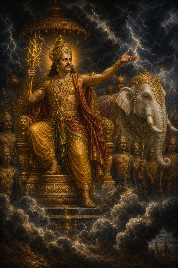 A dramatic painterly classical Indian color scene of Indra enthroned in heaven, fair, crowned and furious, commanding the apocalyptic Samvartaka clouds, dark dense storm-clouds, while he prepares to mount the white elephant Airavata with the Maruts behind; lightning brewing, a sky turning black with menace.