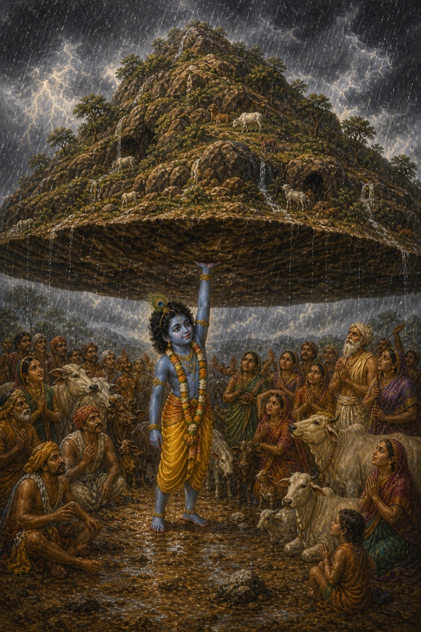 A breathtaking classical Indian color illustration: seven-year-old dark-blue Krishna slides his tiny hand beneath the wet rocky base of Govardhan hill and lifts the entire mountain, trees, caves, springs and grazing cows still upon it, balanced in the air on one small hand, a gentle butter-thief smile on his face; torrential rain shattering above.
