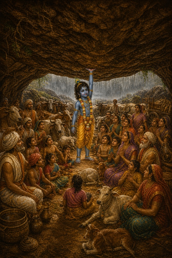 A warm painterly classical Indian color scene of the great dry cavern beneath the uplifted Govardhan: cowherds, gopis, children, elders, cattle and bullock-carts sheltered comfortably inside, gazing up at little dark-blue Krishna who holds the mountain aloft on one hand with a calm smile; outside, a wall of rain pours down, not a drop entering.