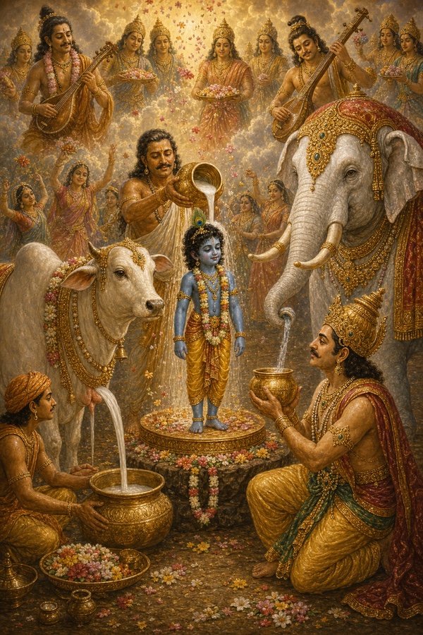 A radiant classical Indian color illustration of the consecration of Krishna as 'Govinda': the divine cow-mother Surabhi anoints little dark-blue Krishna with streams of her own milk, while humbled Indra pours pure celestial Ganga water from Airavata's trunk; gods shower flowers from above, Narada and Tumburu the gandharvas sing, apsaras dance joyfully, golden heavenly light.