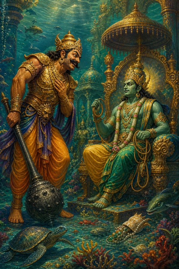 Rich painterly classical Indian color illustration: the towering golden-armoured demon Hiranyaksha, gripping a massive iron mace, stands in the underwater jewelled palace-city Vibhavari before Varuna, lord of the waters; Hiranyaksha bows with mocking exaggerated courtesy and a sneering grin, jeering for the gift of battle, while sea-green Varuna sits regal on his throne with a noose, swallowing his anger; aquatic creatures and rippling water all around.
