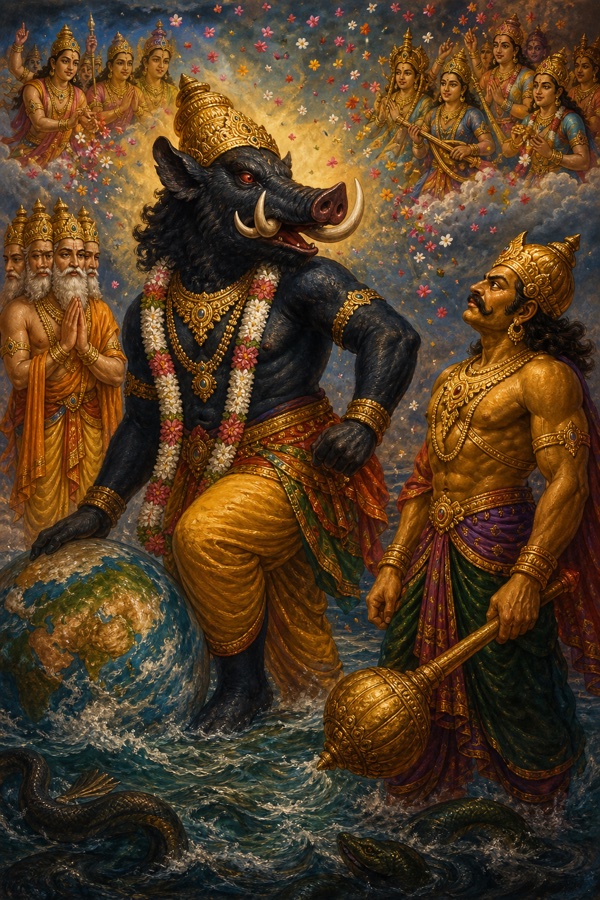 Rich painterly classical Indian color illustration: the cosmic boar Varaha, dark and mighty with curved white tusks, has just set the round earth back on the surface of the waters; four-faced Brahma stands praising him with folded hands and the devas in the sky shower bright flower-petals; Varaha turns with fierce red glowing eyes and a scornful laugh toward the golden demon Hiranyaksha standing defiant with his mace.