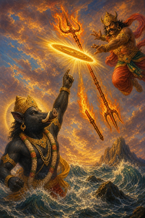 Rich painterly classical Indian color illustration: Hiranyaksha hurls a blazing flame-like trident streaking through the sky, but Varaha the boar-lord, dark-bodied with white tusks, has loosed his spinning radiant golden Sudarshana chakra which slices the flaming trident cleanly into two falling pieces in mid-air over the churning waters.