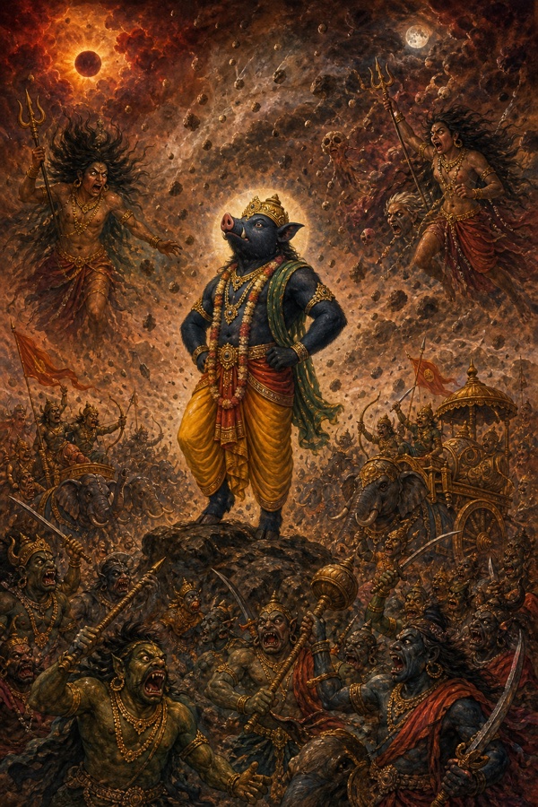 Rich painterly classical Indian color illustration: Hiranyaksha's terrifying demonic illusion (maya) rages around the steadfast dark boar-lord Varaha who stands immovable like a mountain; a fierce dust-storm and darkness, rain of stones, blood-red clouds hiding sun and moon dripping gore and bones, wild dishevelled-haired bare ogresses brandishing tridents, and a screaming horde of yaksha-rakshasa warriors on foot, horses, chariots and elephants shouting for slaughter.