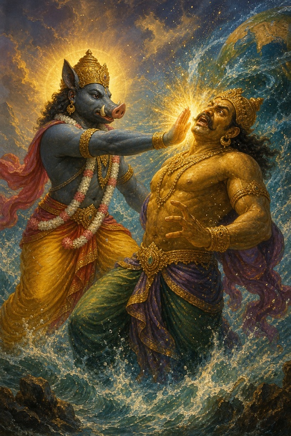 Rich painterly classical Indian color illustration: Varaha the boar-lord strikes the giant golden demon Hiranyaksha with a single open-palmed slap at the root of the ear; the demon's huge body reels, eyes bursting out, limbs and hair flying apart, as he topples lifeless onto the surface of the water like an old tree uprooted in a storm; above, Brahma and the devas watch in wonder.