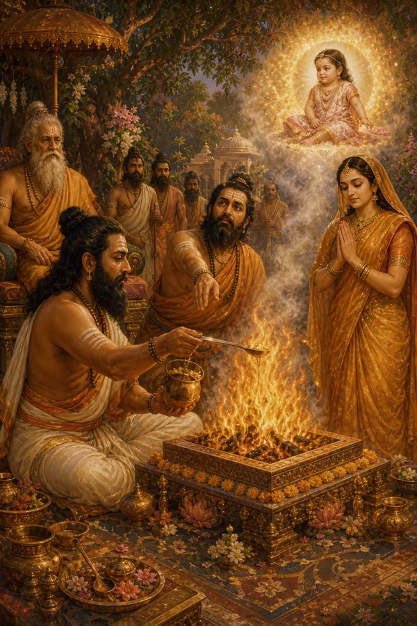 Rich painterly classical-Indian color illustration: a Vedic fire-yajna for Manu's progeny; the hota brahmin, prompted by the adhvaryu, pours ghee into the blazing havan-kunda uttering vashatkara, his mind dwelling on Queen Shraddha's silent wish; Shraddha, who kept the milk-only payovrata, stands reverently nearby; because of the hota's reversed intent a girl-child Ila is born instead of a son; warm golden flames, smoke, sacred mandala ground, sage Vasishtha presiding, ancient palace-grove setting.
