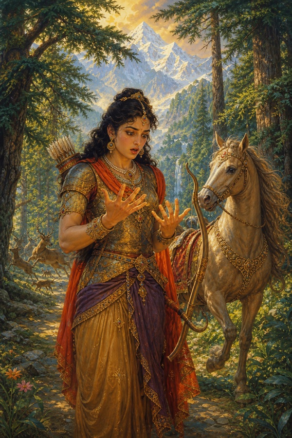 Rich painterly classical-Indian color illustration: brave prince Sudyumna, hunter in armor with bow and wondrous arrows, the instant he enters the forest at the foot of Mount Meru is transformed into a woman; he looks down in shock at his changed hands and finds his stallion has become a mare; a stunned beautiful woman in a man's hunting garb amid lush deodar forest, dappled green light, deer fleeing, Meru's snowy slopes behind.