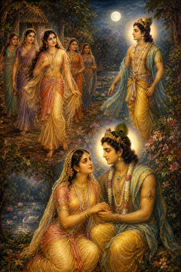 Rich painterly classical-Indian color illustration: near a forest hermitage a radiant young woman (the transformed Sudyumna, now Ila) wanders surrounded by many women attendants; the mighty Budha, son of the Moon, passes by and his gaze fixes on her with desire while she too wishes him for husband; tender meeting of the lovers in a flowering grove, a moonlit serene glow around Budha, lotus pond, soft sky; their union will give the great king Pururava.