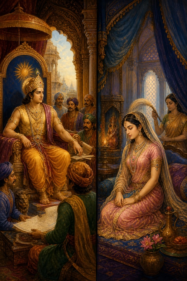 Rich painterly classical-Indian color illustration of Sudyumna's alternating life by Shiva's boon: a split-scene composition; on one side, as a man one month, crowned King Sudyumna sits on the throne governing the earth and conducting court affairs with ministers; on the other side, as a woman one month, Ila lives a quiet, near-silent life in the inner palace antahpura; ornate pillared throne-hall and a serene curtained women's chamber, jewel tones, the same soul seen in two forms.