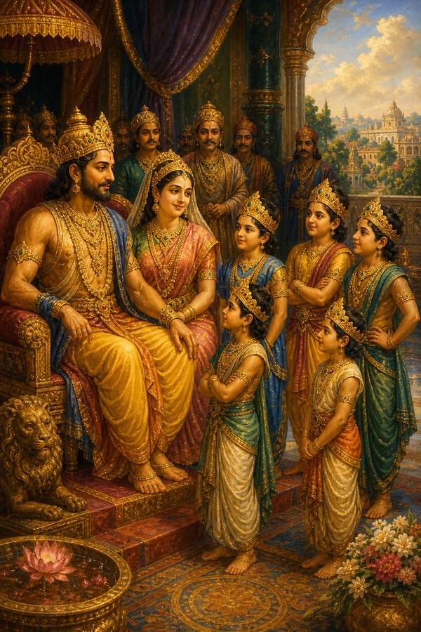 A rich painterly classical-Indian color illustration of young King Bharata, eldest son of Rishabhadeva, in his palace court seated beside his queen Panchajani (daughter of Vishwarupa); around them stand their five sons (Sumati, Rashtrabhrit, Sudarshana, Avarana, Dhumraketu) as boys; jewel-toned royal hall, golden crowns, courtiers, prosperous and peaceful kingdom, no Radha, no Mahabharata motifs.