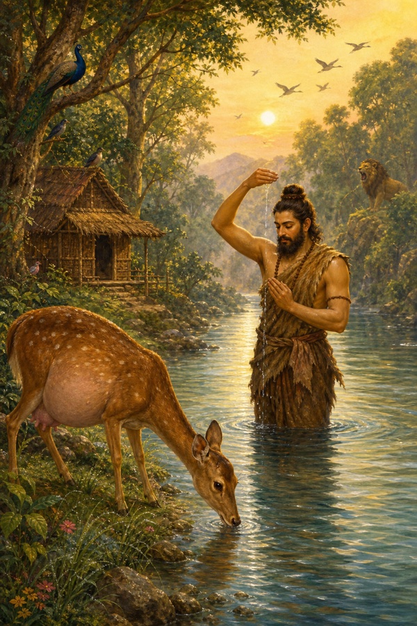 A rich painterly classical-Indian color illustration on the cool banks of the Gandaki river at dawn near Bharata's small hermitage hut at Pulaha-ashrama; an ascetic Bharata in bark robes stands in the river performing morning ablutions; a heavily pregnant doe lowers her muzzle to drink at the water's edge; dewy grass, birds overhead, and a distant lion glimpsed roaring in the forest beyond; soft misty green-gold palette.