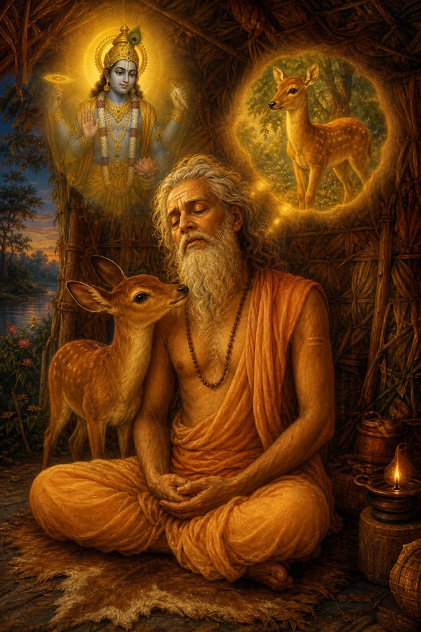 A rich painterly classical-Indian color illustration of the aged ascetic Bharata seated in meditation posture inside his leaf hut, eyes closed, a faint golden vision of Sri Hari Vasudeva fading while the image of the young deer (the grown fawn) glows vividly in his mind; the affectionate deer stands close beside him; warm lamp-lit interior, expression of distracted longing, devotion slipping into attachment.