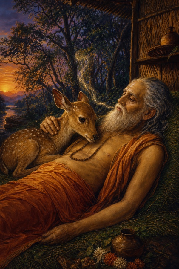 A rich painterly classical-Indian color illustration of the dying ascetic Bharata lying on a grass mat in his hermitage, gazing tenderly at the grieving young deer that sits beside him like a son; the old sage's last breath leaving as he looks only at the deer's face; muted twilight tones, sorrowful deer with downcast eyes, quiet forest hut, no other figures.