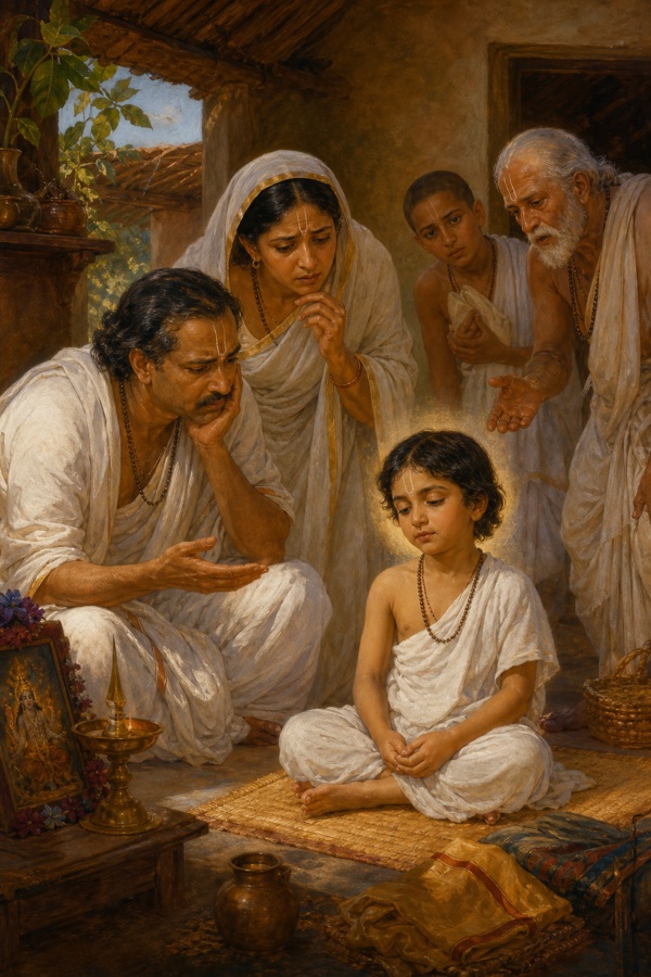 A rich painterly classical-Indian color illustration of the reborn Bharata as a boy in a worthy brahmin household, sitting silent and unresponsive, eyes calm and inward, while his parents and others lean toward him puzzled, thinking him dull-witted; simple village brahmin home, white-clad parents, the boy radiating a hidden inner serenity, warm earthen color palette.