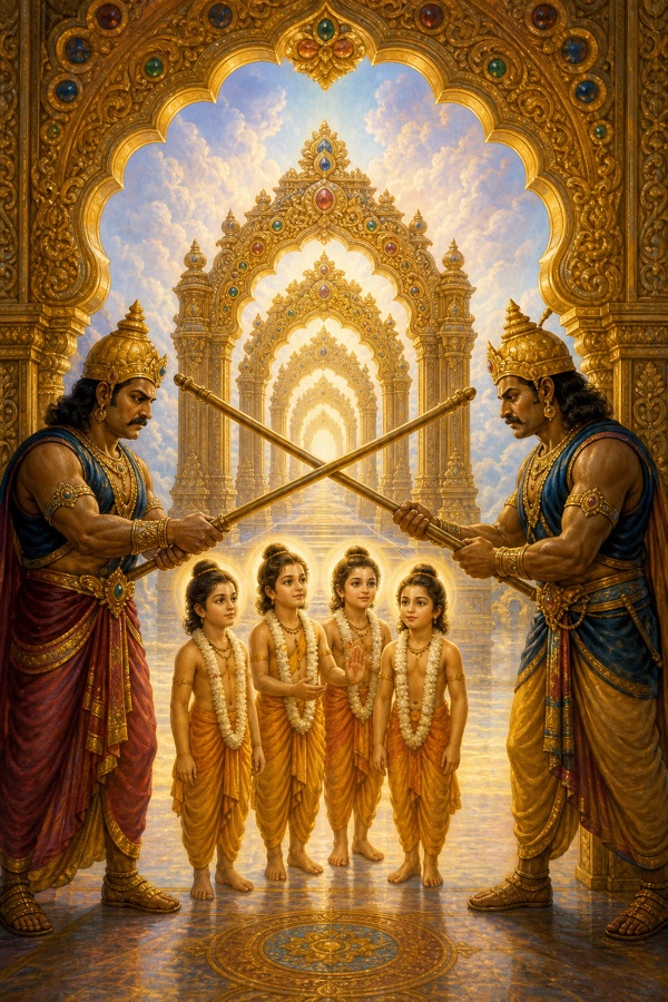 Painterly classical-Indian color illustration: the four naked child-sages Sanaka, Sanandana, Sanatana and Sanatkumara, radiant five-year-old boys, halted at the seventh golden jewel-studded gateway of Vaikuntha by the two doorkeepers Jaya and Vijaya, who bar their way by thrusting out crossed staffs; six gleaming gateways visible receding behind the sages.