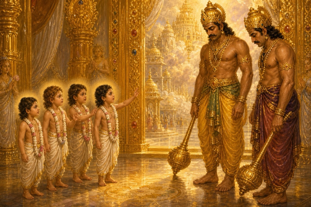 Painterly classical-Indian color illustration: the four luminous boy-sages, eyes reddened with righteous anger, raise their hands and pronounce the curse upon the two guards Jaya and Vijaya, who stand shaken at the jewelled seventh gate of Vaikuntha as their staffs droop; an aura of fierce divine light around the children.