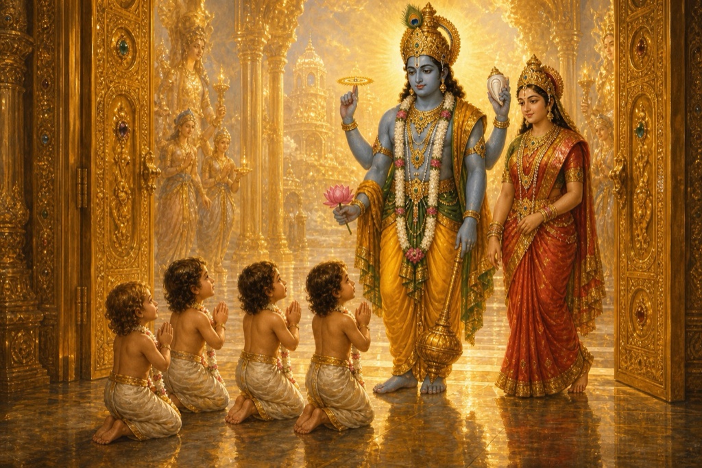 Painterly classical-Indian color illustration: four-armed Lord Vishnu, dark-blue complexion, the golden Lakshmi-line gleaming on his chest, the Kaustubha gem at his throat and a lovely garland between his four arms, arriving at the Vaikuntha gate with the goddess Lakshmi beside him; the four boy-sages bow with folded hands in praise.
