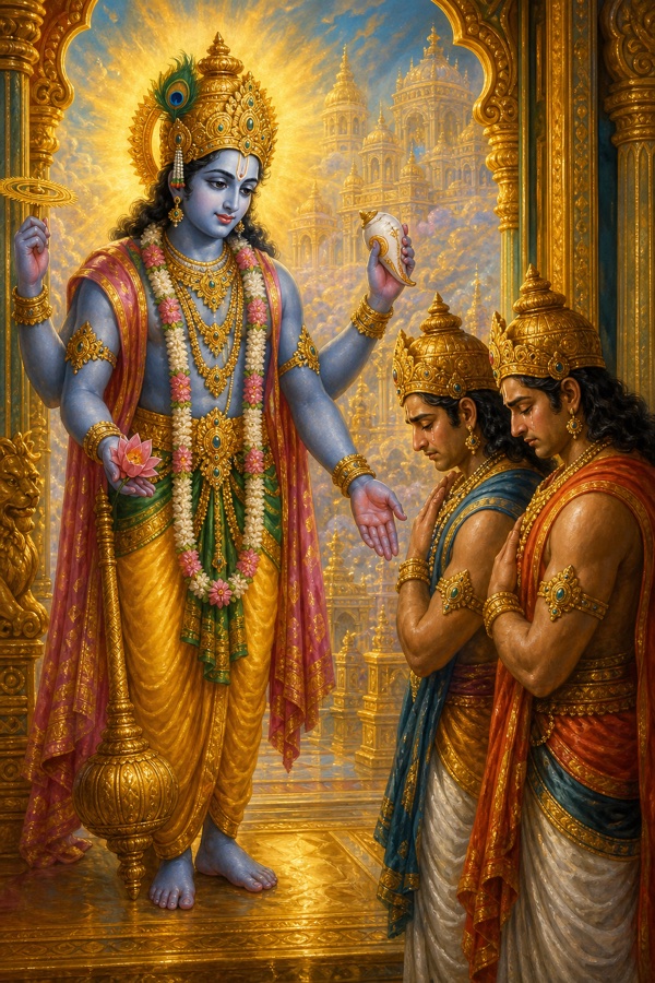Painterly classical-Indian color illustration: four-armed dark-blue Vishnu, compassionate gaze, speaking gently to his two doorkeepers Jaya and Vijaya who stand before him with bowed heads and downcast tearful eyes at the radiant Vaikuntha threshold; sorrow of parting mixed with hope of return on their faces.