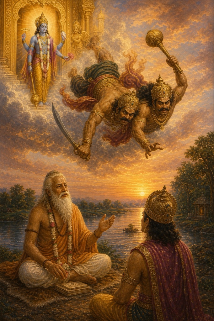 Painterly classical-Indian color illustration: the two fallen Vaikuntha gatekeepers descending as streaks of light into the womb of Diti, and being born as two mighty demon brothers, Hiranyaksha and Hiranyakashipu, infant asuras of fearsome golden-fierce aspect glowing with Kashyapa's potent fiery energy.