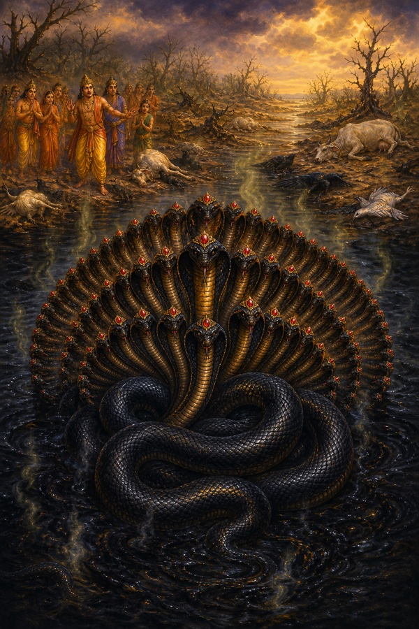 Rich painterly classical-Indian color illustration: the colossal venomous black serpent Kaliya, son of Kadru, coiled in a deep pool at the very centre of the Yamuna; his one hundred and one raised hoods each crowned with a glowing red jewel; the water around him turned inky-black, poisonous vapour rising from it, while the riverbanks behind show scorched grass, withered trees, dead birds fallen, and cows lying dead near the toxic water.