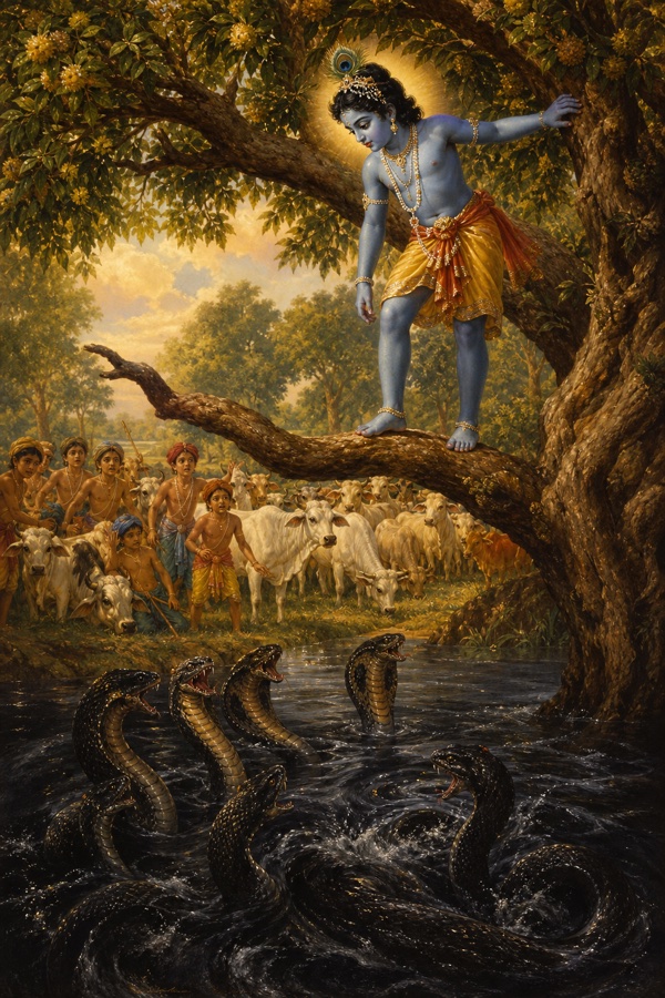 Rich painterly classical-Indian color illustration: the small dark-blue cowherd boy Krishna (alone, no Balarama present) having tightened the waistcloth at his waist and climbed a tall old kadamba tree on the bank; he stands on a branch that bends out over the black serpent pool, gripping it with one hand, gazing down at the water an instant before his leap, peacock feather in his hair, anxious cows and young cowherds clustered on the shore behind.
