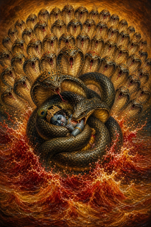 Rich painterly classical-Indian color illustration set underwater in the churning poison pool: Kaliya's one hundred and one jewel-crowned hoods all rearing up at once, the giant serpent biting the small dark-skinned boy Krishna at his vital points and binding him completely within the great loops of his body, so the child is almost hidden inside the coils; turbulent red-yellow venomous waves splash outward all around.