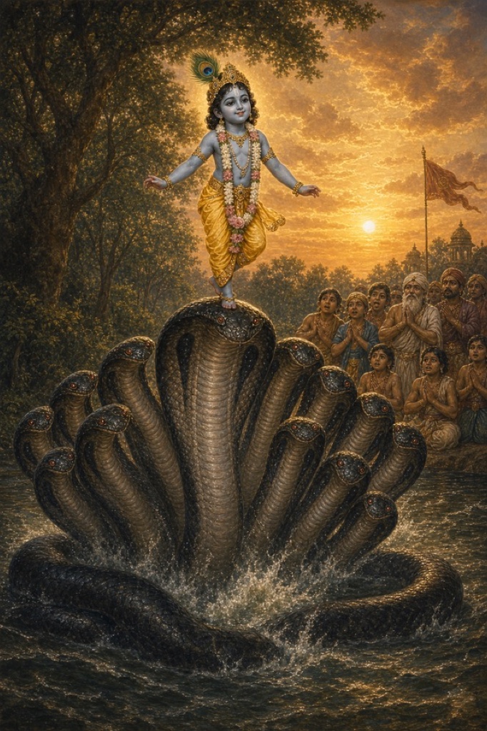 Rich painterly classical-Indian color illustration: the boy Krishna, having swelled his body and burst free of Kaliya's loosening coils, now risen up and standing serene and upright squarely atop the single highest, loftiest hood among the serpent's hundred-and-one jewelled hoods, ready to dance; dark waters of the Yamuna pool swirling below, the other red-gemmed hoods spread out beneath his small feet.